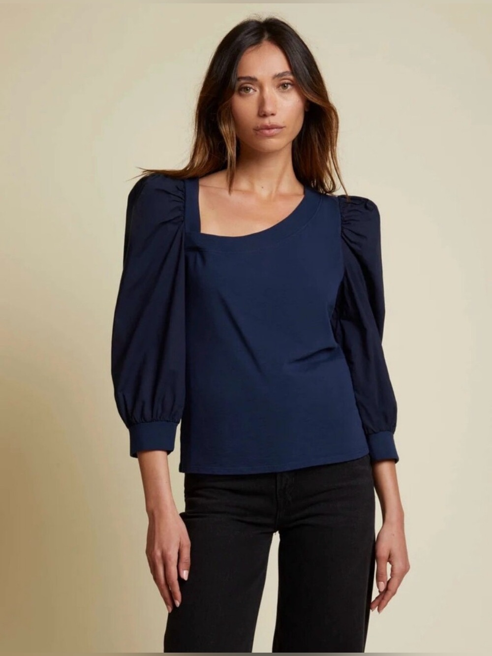 Nation LTD Tori Asymmetrical Neckline Puff Sleeve Top Night Horizon Navy Blue XS